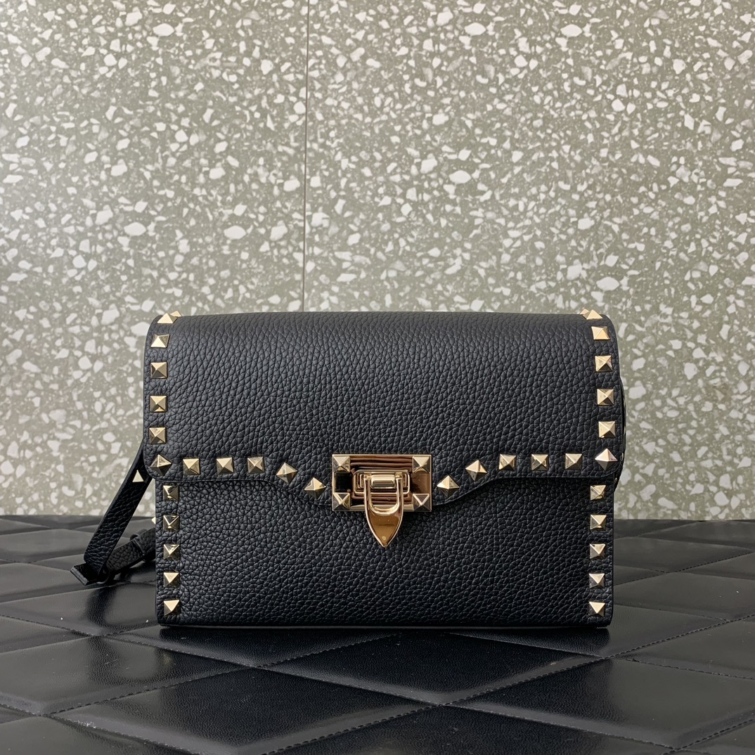 Valentino Garavani Rockstud Crossbody Bag in Black Grainy Calfskin